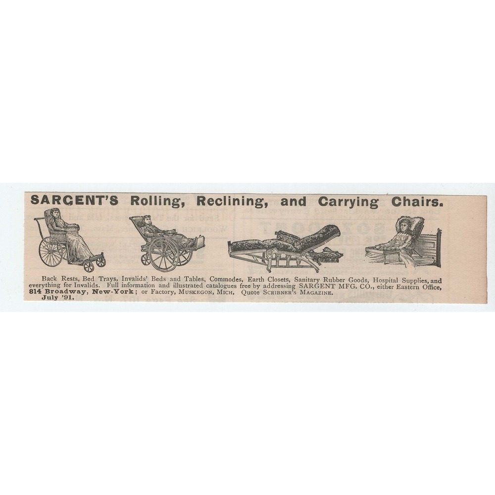 1891 Sargents Rolling Reclining Carrying Chairs Vintage Print Ad Medical History - Picture 1 of 1